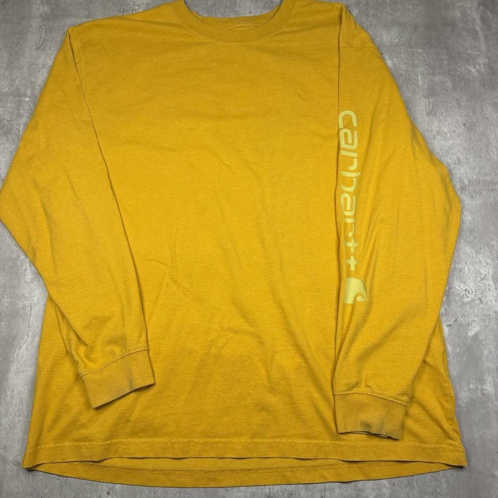 Carhartt Long Sleeve T-Shirt Mens XL Loose Fit Mustard Yellow Graphic Logo
